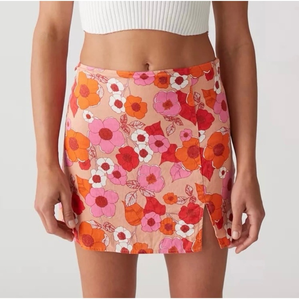 Urban Outfitters Floral Linen Blend Mini Skirt Pink Orange XS Side Slit Retro